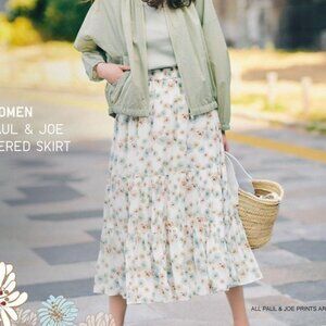 Uniqlo X Paul & Joe Maxi Skirt with Floral Pattern - Cream and Teal